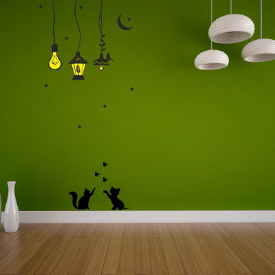 Vijaya enterprises 62 cm Cat and butterfly lamp Wall Stickers For Home Size Self Adhesive Sticker(Pack of 1)