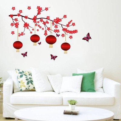 ZEN TREK 45 cm Wall Decals ' Chinese Bright Red Lamps With Butterflies Self Adhesive Sticker(Pack of 1)