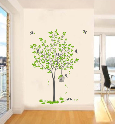 Decal O Decal 120 cm Wall Green Tree With Birds Cage And Nest '(PVC Vinyl,Multicolour) Self Adhesive Sticker(Pack of 1)