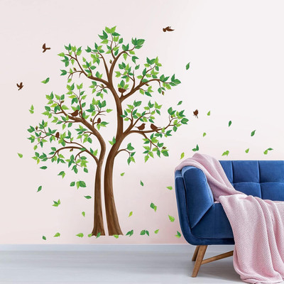 INKEDIFY 106 cm Green Tree Wall Stickers Flying Leaves Birds Wall Decals Self Adhesive Sticker(Pack of 1)