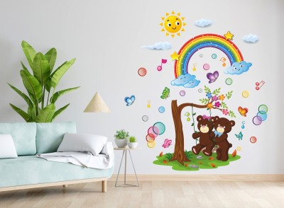Dilight Art 80 cm Size, Tree-Baby Bear-Flowers-Rainbow-Butterflies-Sun-Sky Design Wall Sticker Self Adhesive Sticker(Pack of 1)