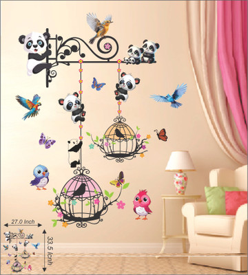 Divine studio 27 cm Cute Panda Playing with Birds and Butterflies in Whimsical Setting Wall sticker Self Adhesive Sticker(Pack of 1)