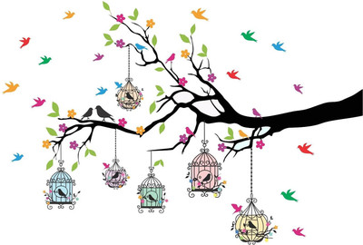 crystalsign 100 cm Beautiful Colorful Tree and Birds For Home Decoration Self Adhesive Sticker(Pack of 1)