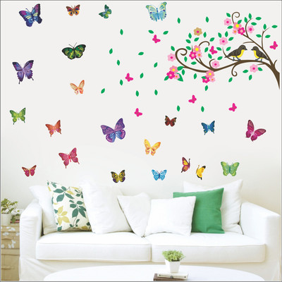 Divine studio 47 cm Butterflies Tree Birds wall decals and stickers ( 47 X 38 Inch) Self Adhesive Sticker(Pack of 1)