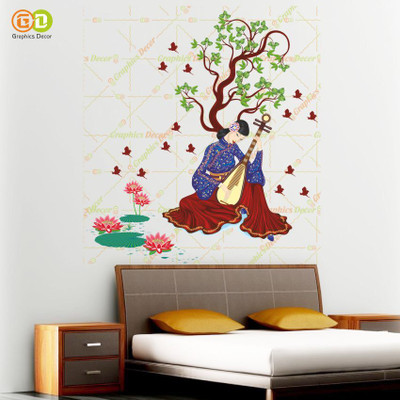 GraphicsDecor 75 cm | Chinese Girl Playing Lute Under the Tree Blue (68 x 75 cm) Self Adhesive Sticker(Pack of 1)