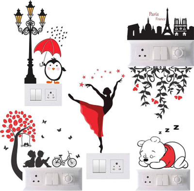 crystalsign 15 cm Sticker of Reading couple, dancing lady, sleeping bear, penguin and love paris Self Adhesive Sticker(Pack of 1)