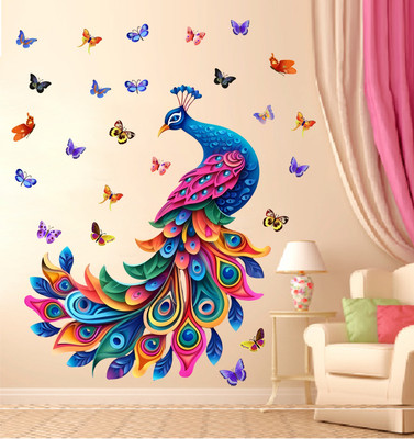 Divine studio 24 cm Peacock Feathers and Butterflies Home Decor Wall sticker Self Adhesive Sticker(Pack of 1)