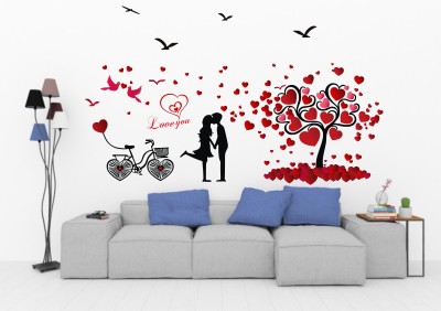 CreativeEdge 100 cm cute couple loveing hearts tree with bycycle birds ative Self Adhesive Sticker(Pack of 1)