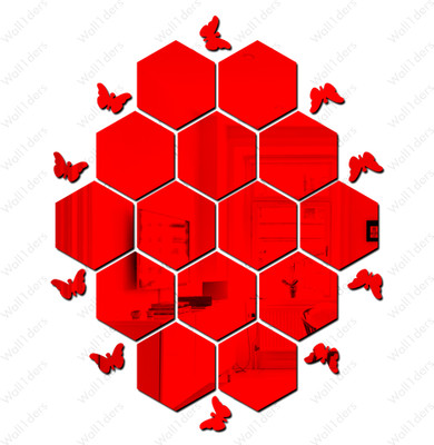 wall1ders 12 cm 14 Hexagon Red with 10 Butterfy - Acrylic Mirror Wall Sticker's Self Adhesive Sticker(Pack of 1)