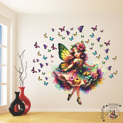 Divine studio 33 cm Fairy Surrounded by Colorful Butterflies in Bright Artistic Scene Wall sticker Self Adhesive Sticker(Pack of 1)