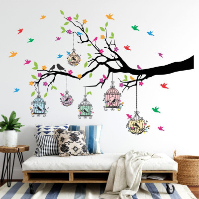 KgnDesigns 58 cm Tree Branches with Birdcage And Flower Wall Self Adhesive sticker Self Adhesive Sticker(Pack of 1)