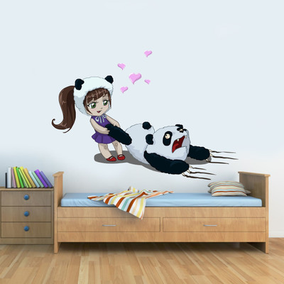 SR ENTERPRISE 101 cm Girl Playing With Panda (70 cm x 101 cm) Self Adhesive Sticker(Pack of 1)