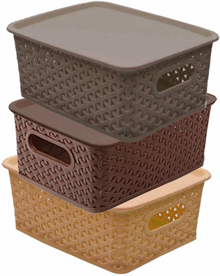 Multipurpose storage basket with lid and handle, 3 Pice Lid Basket set Storage Basket(Pack of 3)