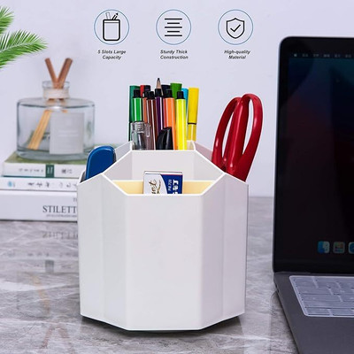 CHAHITU 5 Compartments Plastic Pen Stand for Study Table(White)