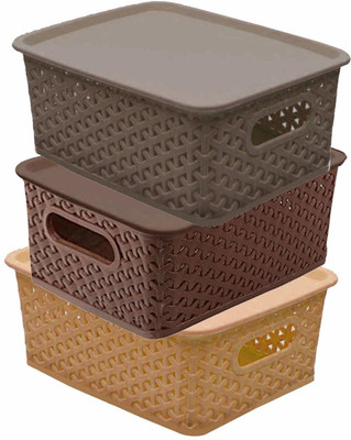 Plastic Medium Size Baskets with Lid for Kitchen, Vegetables & Wardrobe Storage Basket(Pack of 3)