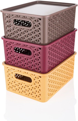 Global Export Plastic Multipurpose Plastic Storage Basket with Lid | Strong Plastic Material Storage Basket(Pack of 3)