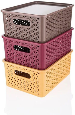 CLARIPLUS Plastic Plastic 3 Pieces small Size Multipurpose Solitaire Storage Basket with Lid Multi Storage Basket(Pack of 3)