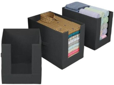 IMCREATIONS Set of 3 Non Woven Large Capacity Shirt Stacker Cloth Storage Foldable & Stackable Wardrobe/Closet Organizer with Handle For T-shirts, Shirts & Clothes(Black)