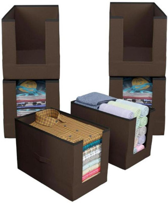 IMCREATIONS Multipurpose Non Woven Large Capacity Shirt Stacker Cloth Storage Foldable & Stackable Cupboard Wardrobe/Closet Organizer with Handle For T-shirts, Shirts & Clothes Combo of 6(Brown)