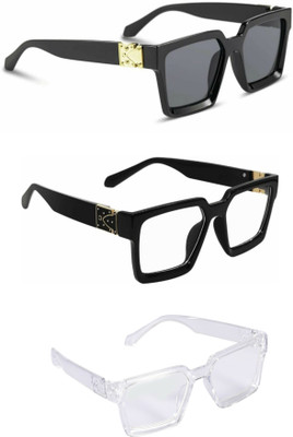 PC STAR Retro Square Sunglasses(For Men & Women, Clear, Clear, Black)