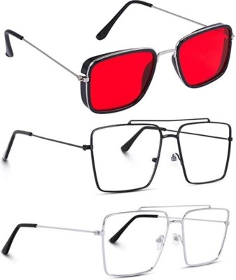 LAER Rectangular Sunglasses(For Men & Women, Red, Clear)