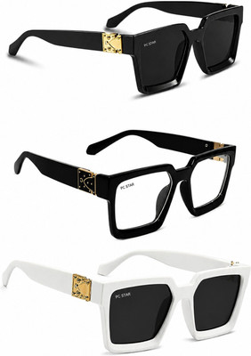 PC STAR Retro Square Sunglasses(For Men & Women, Black, Clear)