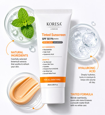 KORESA LONDON Tinted Sunscreen SPF 50 PA++++ | No White Cast | Matte Finish | Niacinamide, Kojic Acid & Hyaluronic Acid | Broad Spectrum UVA/UVB Protection | 25ml - SPF 50 PA++++(25 ml)