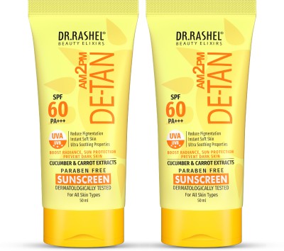 DR.RASHEL Sunscreen - SPF 60 PA+++ DE-TAN SUNSCREEN FOR ULTRA SOOTHING WITH CUCUMBER & CARROT EXTRACTS 50 ml Pack 2(100 ml)