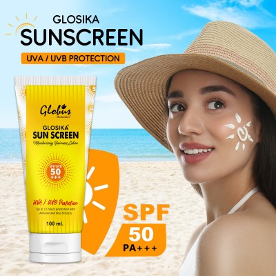 Globus Remedies Sunscreen - SPF 50 PA+++ Glosika Sunscreen Lotion, Up to 12hrs Protection with almond & Rose Extract -(100 ml)