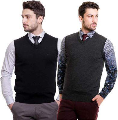 Shunit creation Solid V Neck Casual Men Black, Grey Sweater