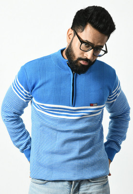 WoolCraft Striped Round Neck Casual Men Light Blue Sweater