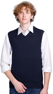 manra Solid V Neck Casual Men Dark Blue Sweater