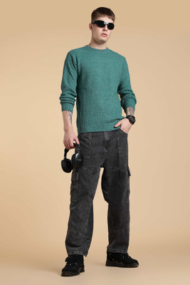 nikline Self Design Round Neck Casual Men Green Sweater