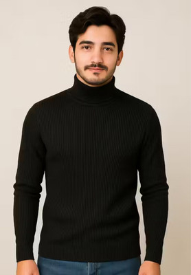 At Last Fashion Solid High Neck Casual Men Black Sweater