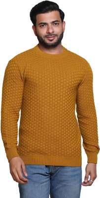 Grand Line Self Design Round Neck Casual Men Yellow Sweater