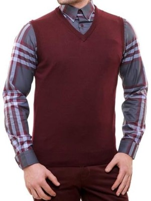 SHATMUS Solid V Neck Casual Men Maroon Sweater