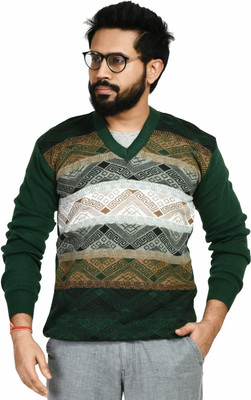 manra Printed V Neck Casual Men Green Sweater