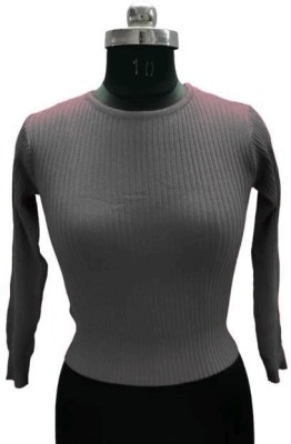 Anaisha Striped Round Neck Casual Women Grey Sweater