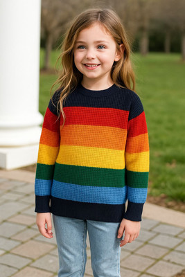 NATRIS Colorblock, Woven Round Neck Casual Girls Multicolor Sweater