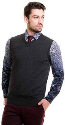 Khushi Print Solid V Neck Casual Men Grey Sweater