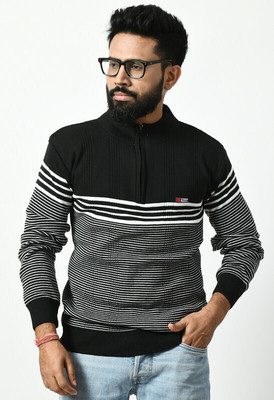 WoolCraft Striped Round Neck Casual Men Black Sweater