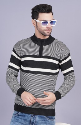 AXOLOTL Striped Mandarin Neck Casual Men Black Sweater