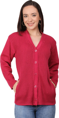 manra Woven V Neck Casual Women Pink Sweater