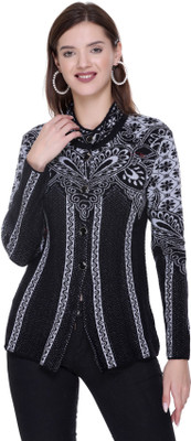 S.L. Madhok Printed V Neck Casual Women Black Sweater