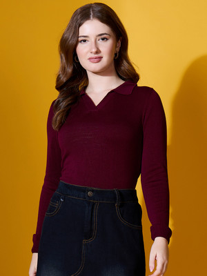 98 Degree North Solid Collared Neck Casual Women Maroon Sweater
