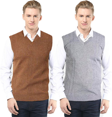 Shunit creation Solid V Neck Casual Men Brown, White Sweater