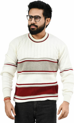 manra Striped Round Neck Casual Men White Sweater