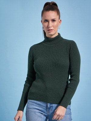 98 Degree North Self Design Turtle Neck Casual Women Green Sweater