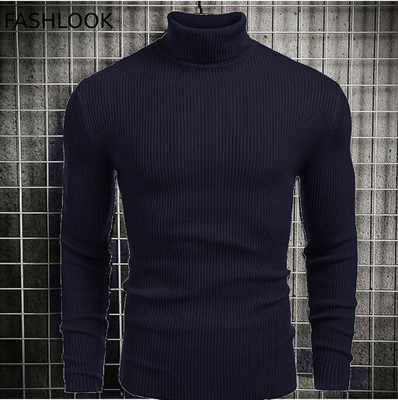 FREAKS Self Design High Neck Casual Men Blue Sweater