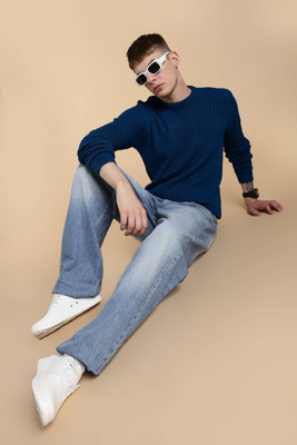 nikline Self Design Round Neck Casual Men Blue Sweater